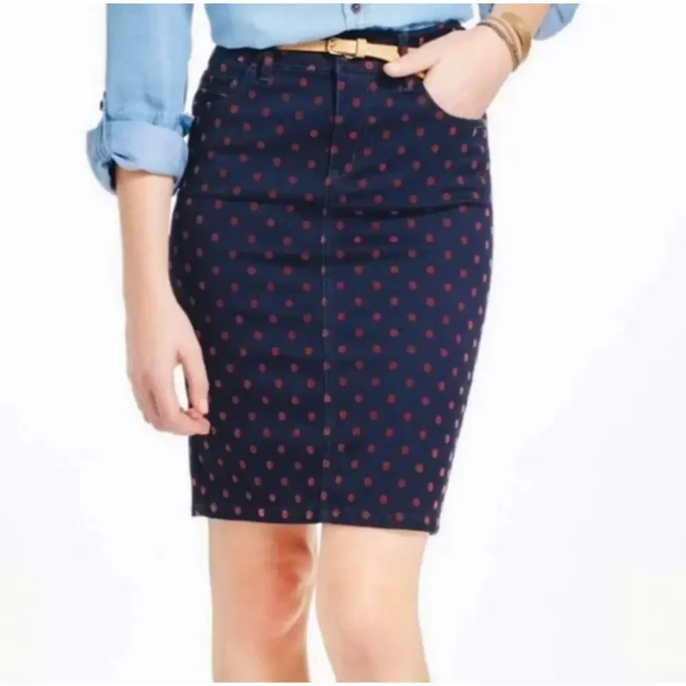 Anthropologie Pilcro Navy Brushed Denim Rust Polka Dot Pencil Skirt 27/4